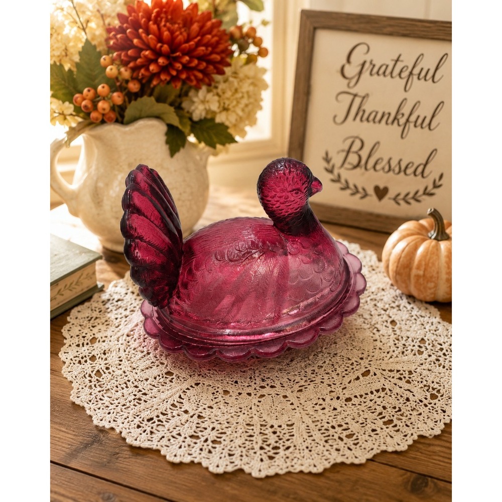 Vintage Cranberry Glass Turkey Covered Dish Thanksgiving Cottagecore Fall Decor